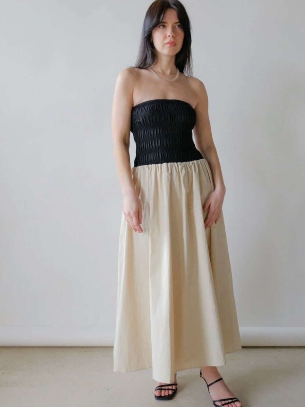 NWT a.ren beige black Giselle strapless bandeau midi dress